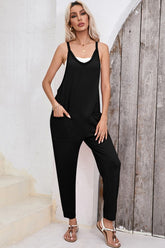 Women Harem Pants Sleeveless Side Pockets V Neck Jumpsuit Zarnesh